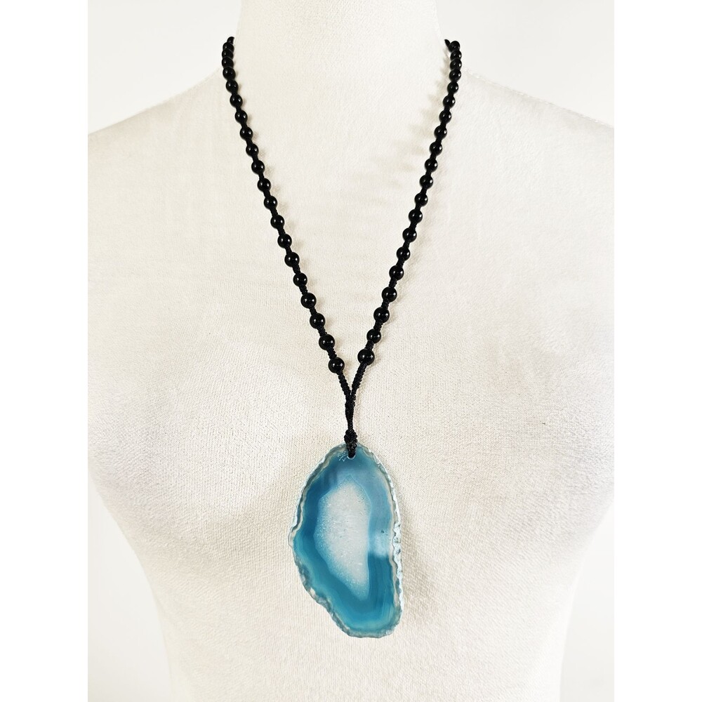 Teal Blue Natural Agate Slice Geode Necklace Knotted Black Beaded String
